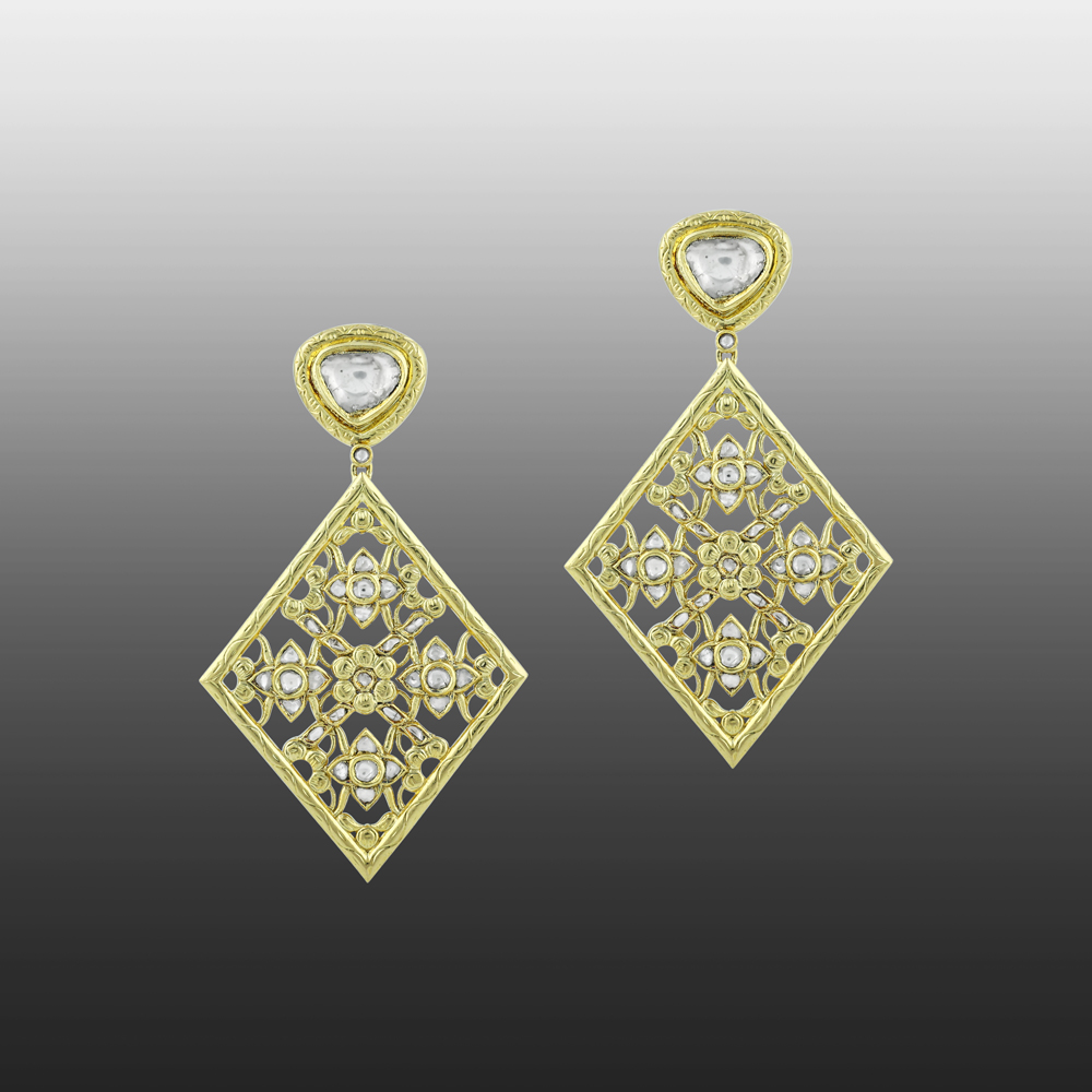 Polki Earrings with Gold Lattice Design